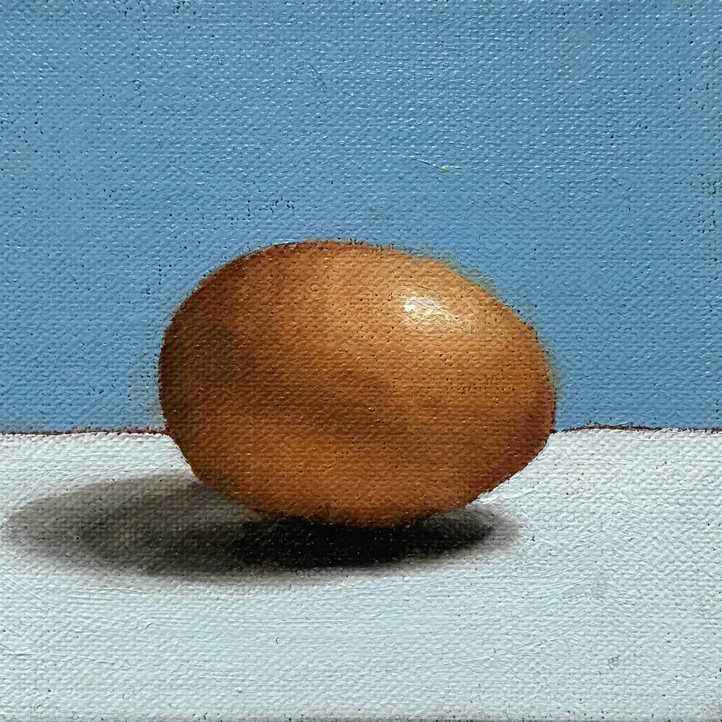 Egg still life oil painting on panel by British artist Christopher Duff
