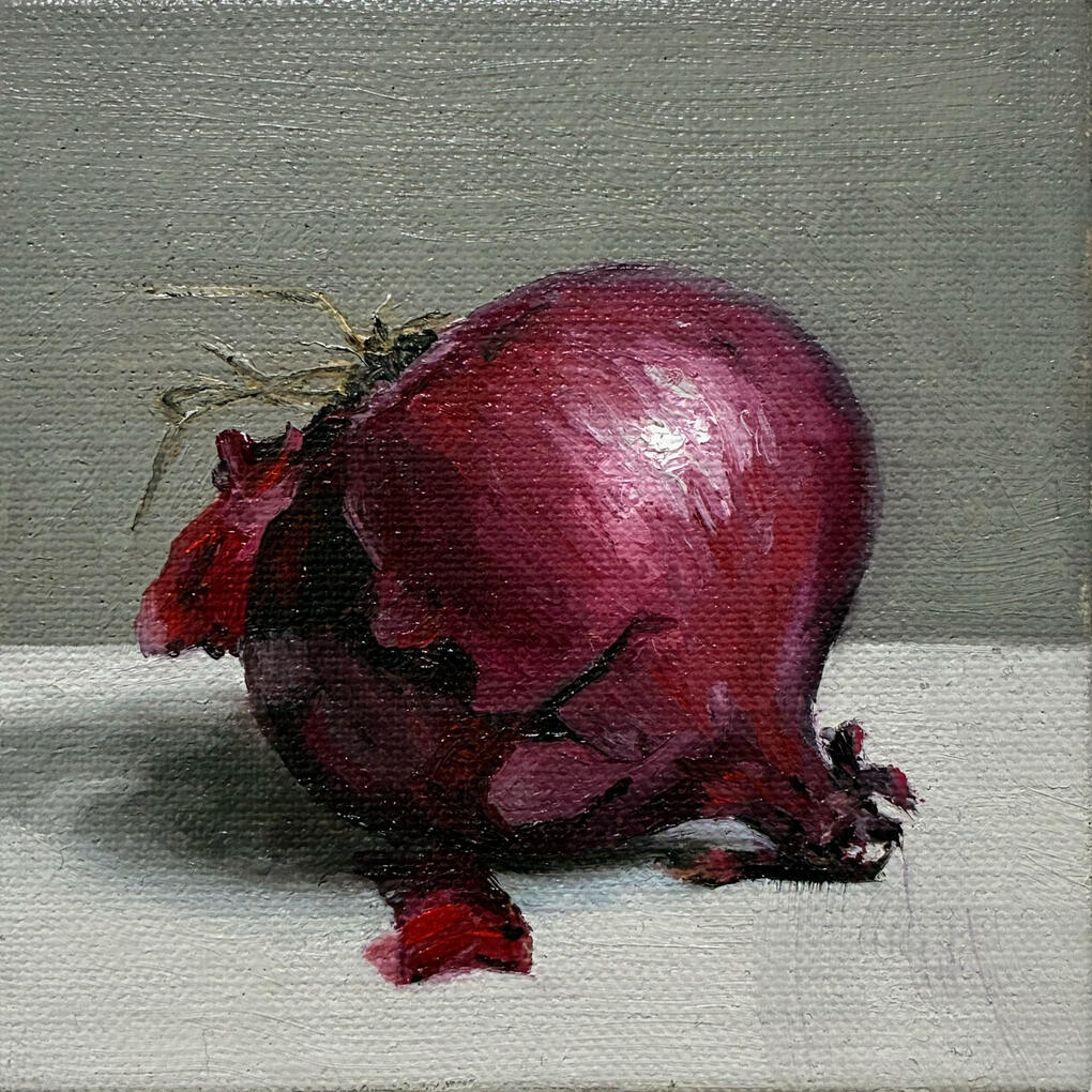 Red onion still life oil painting on panel by British artist Christopher Duff