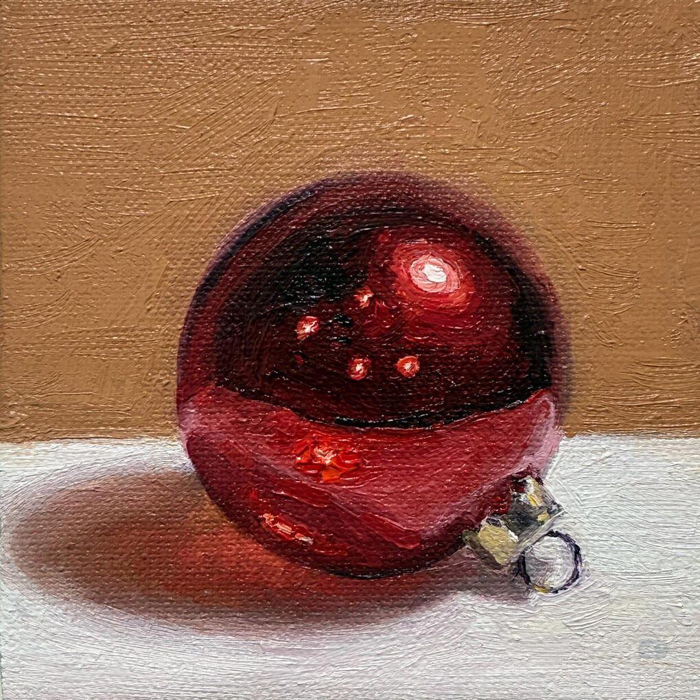 Bauble still life oil painting on panel by British artist Christopher Duff