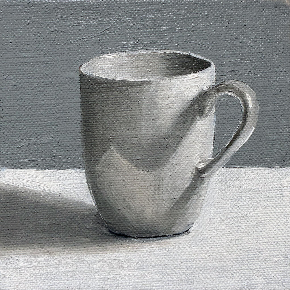 White mug still life oil painting on panel by British artist Christopher Duff
