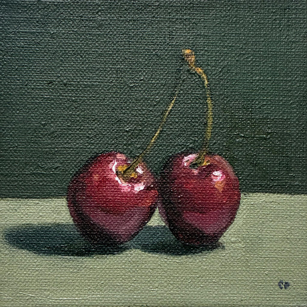 Two cherries still life oil painting on panel by British artist Christopher Duff