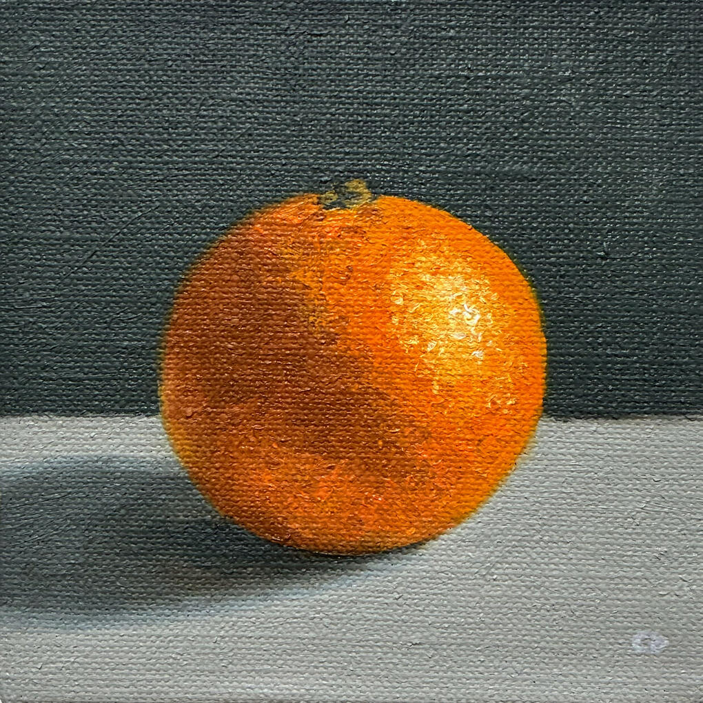 Orange still life oil painting on panel by British artist Christopher Duff