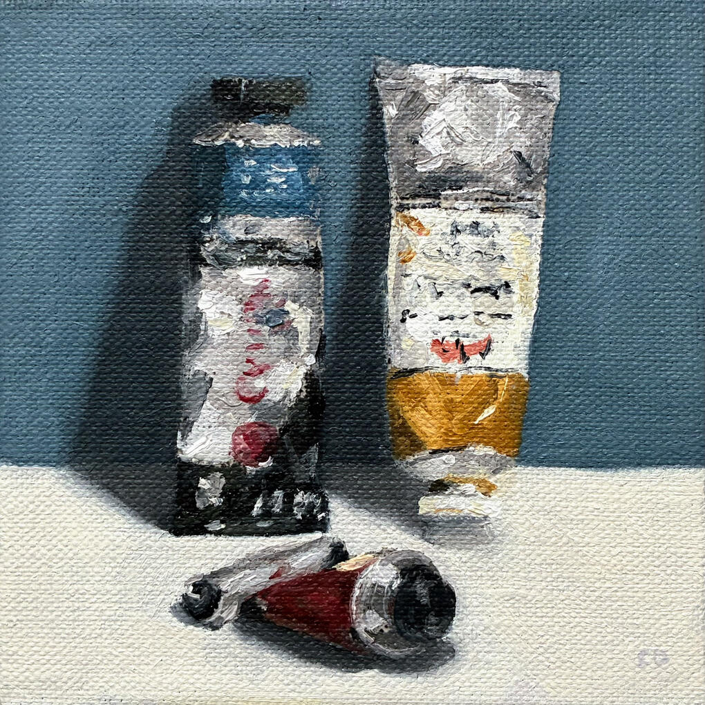 Paint tubes still life oil painting on panel by British artist Christopher Duff